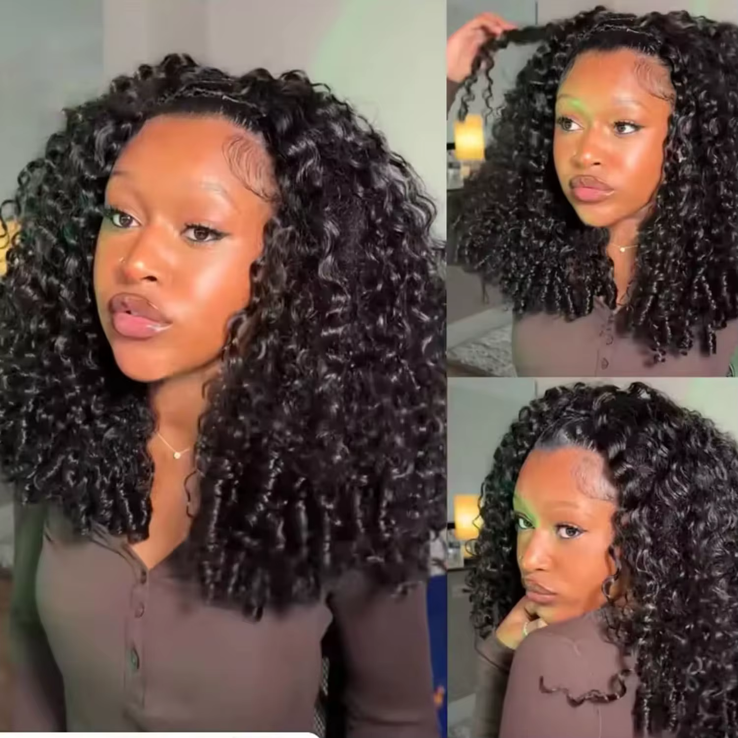 Perruque mi-tête bouclée birmane en cheveux humains 3-en-1 sans couture, à porter directement sans c