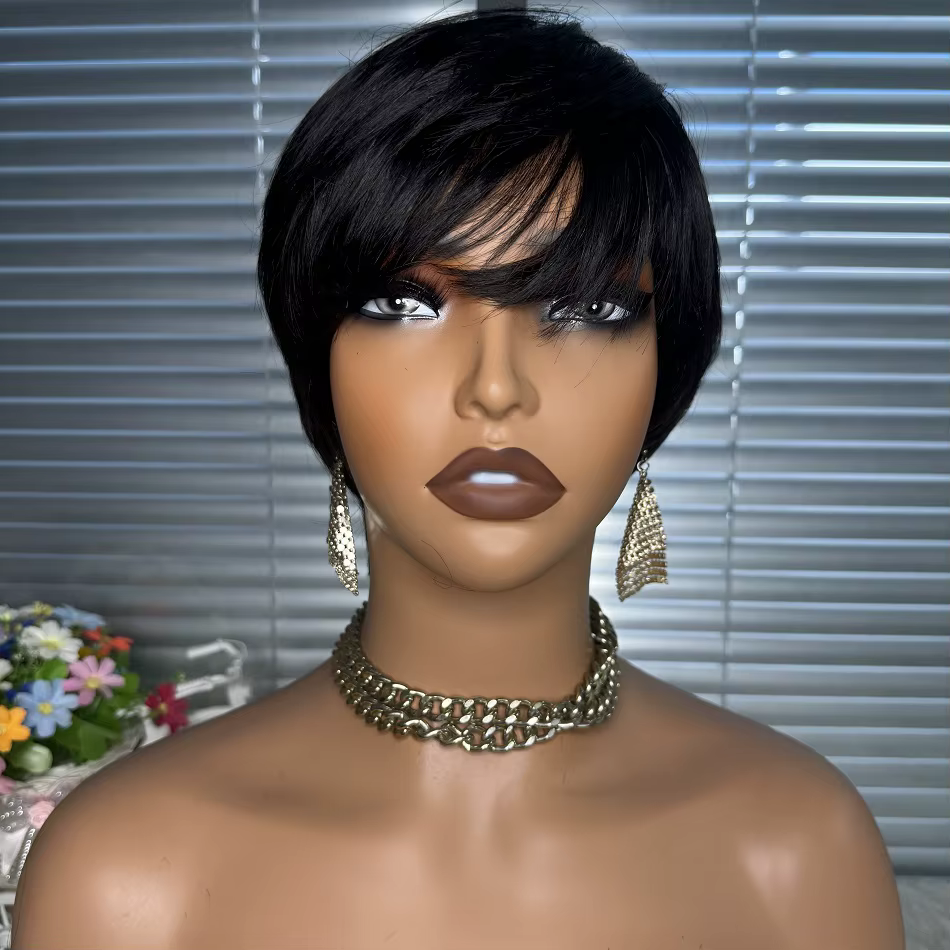 Perruque Bob courte et lisse, coupe Pixie, avec frange, 100% cheveux humains, entièrement faite à la