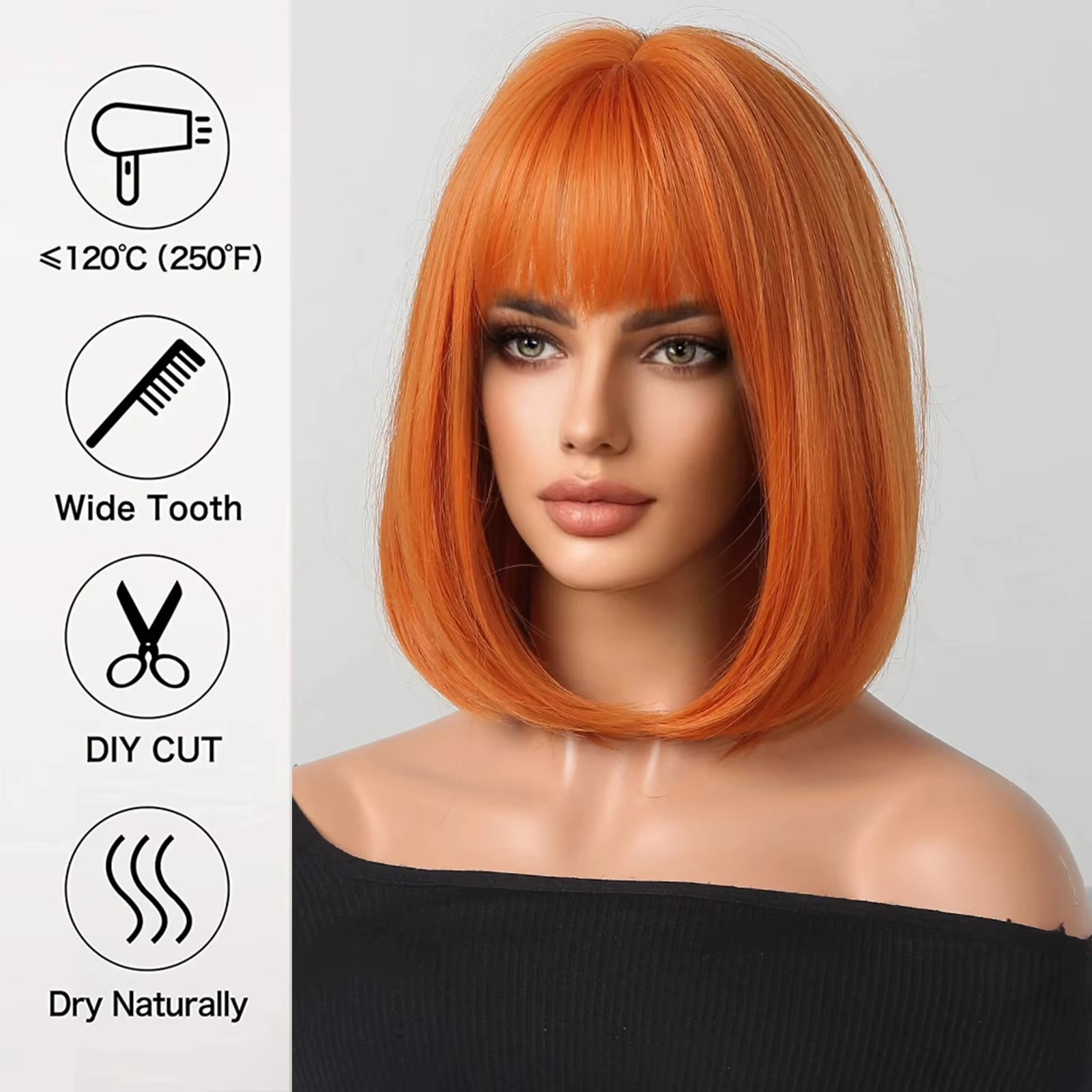 Perruque synthétique de coiffure bob Orange, perruque de cosplay pour fête d'halloween, accessoire q