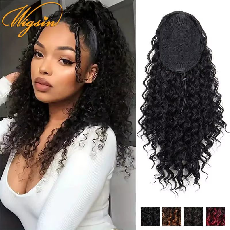 WIGSIN 18 pouces synthétique crépus bouclés queue de cheval cheveux courts moelleux bouclés cordon p