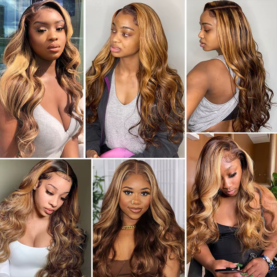 Perruque Body Wave P/427 Blond Miel avec Mèches, Cheveux Humains, Perruques Lace Front 13x4 13x6, Pe