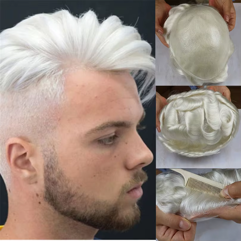 Prothèse de cheveux humains en silicone transparent pour hommes, peau ultra-mince, délié naturel, to