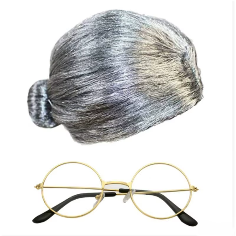 Ensemble de costumes de vieille dame des années 80, perruque de grand-mère avec lunettes et collier 