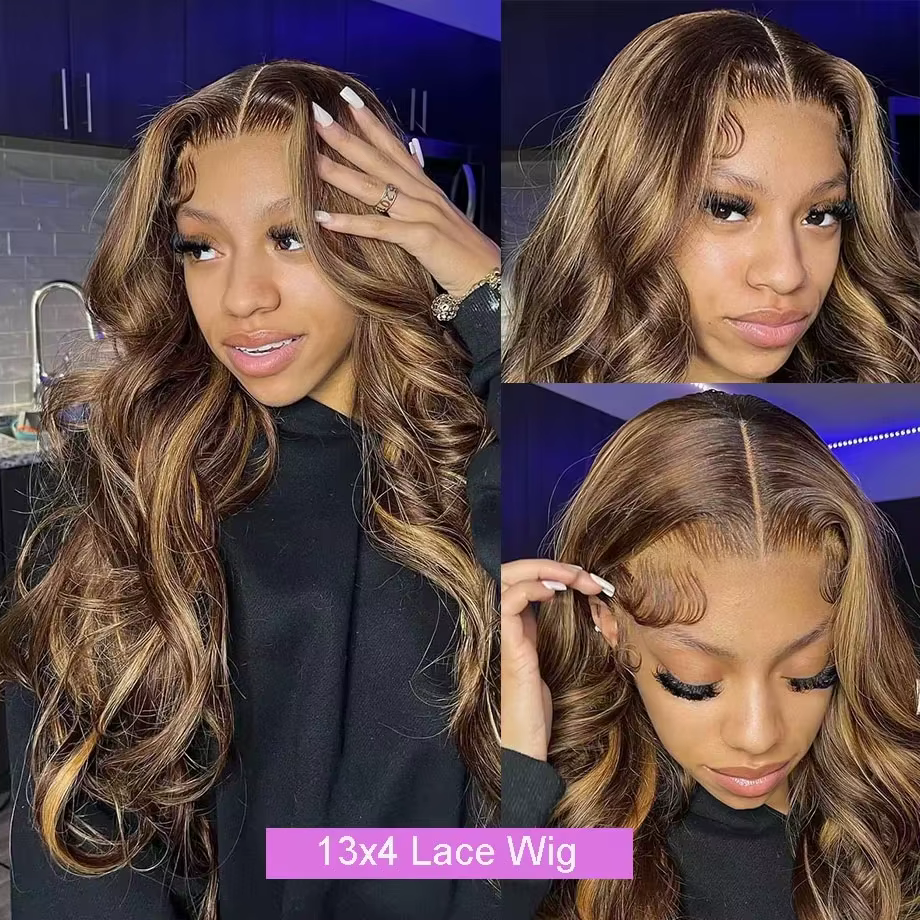 Perruque Lace Front Wig Body Wave brésilienne naturelle, cheveux humains à reflets colorés, 13x6 Hd,