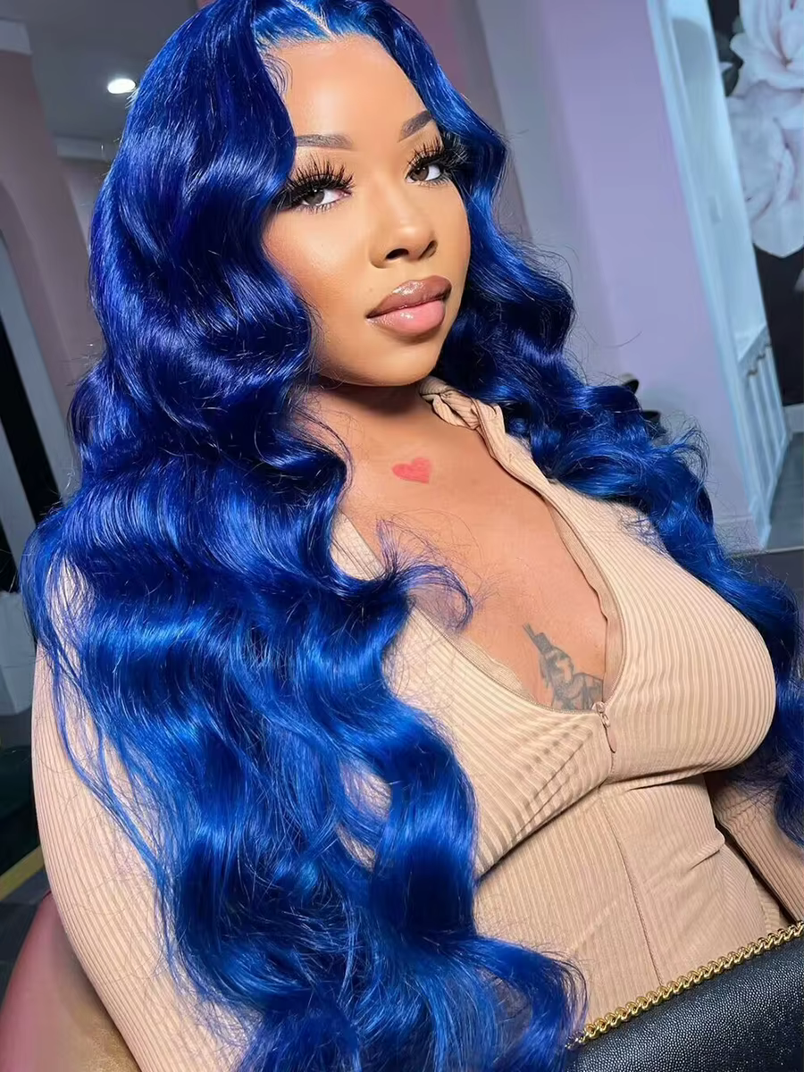 Perruque Brésilienne Naturelle de Cheveux Humains Ondulés, Couleur Bleue, 13x4, Transparent HD, Pre-