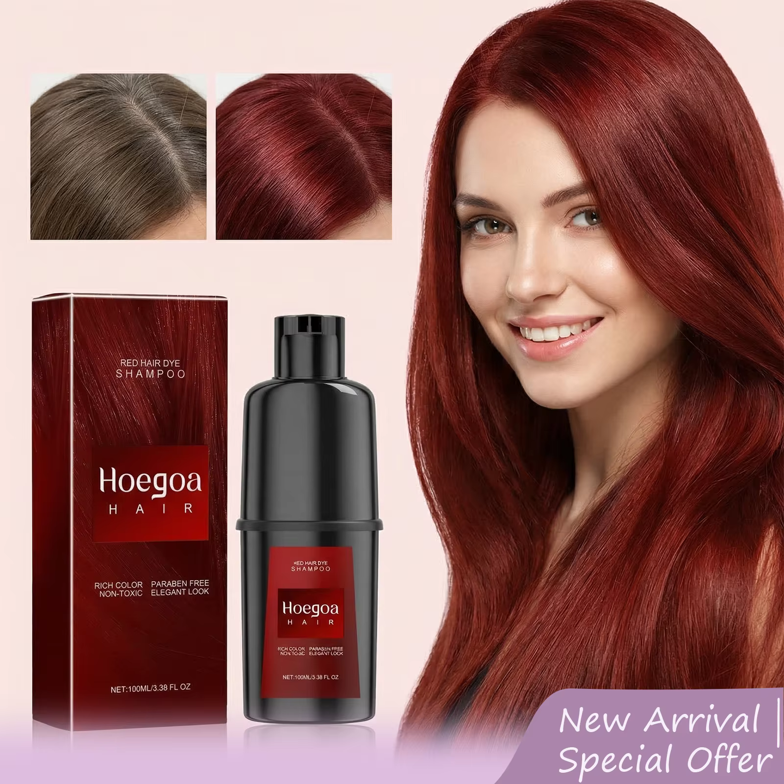 Shampoo colorant capillaire rouge Hoegoa 100 ml, coloration longue durée, cheveux forts et brillants