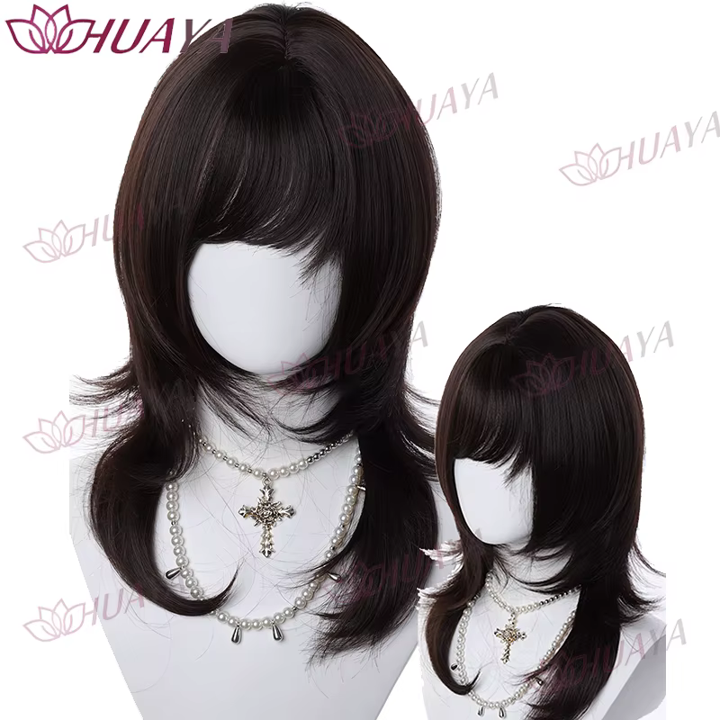 Perruque synthétique pour femme, coupe loup noir naturel avec frange, perruque coiffure Mullet haute