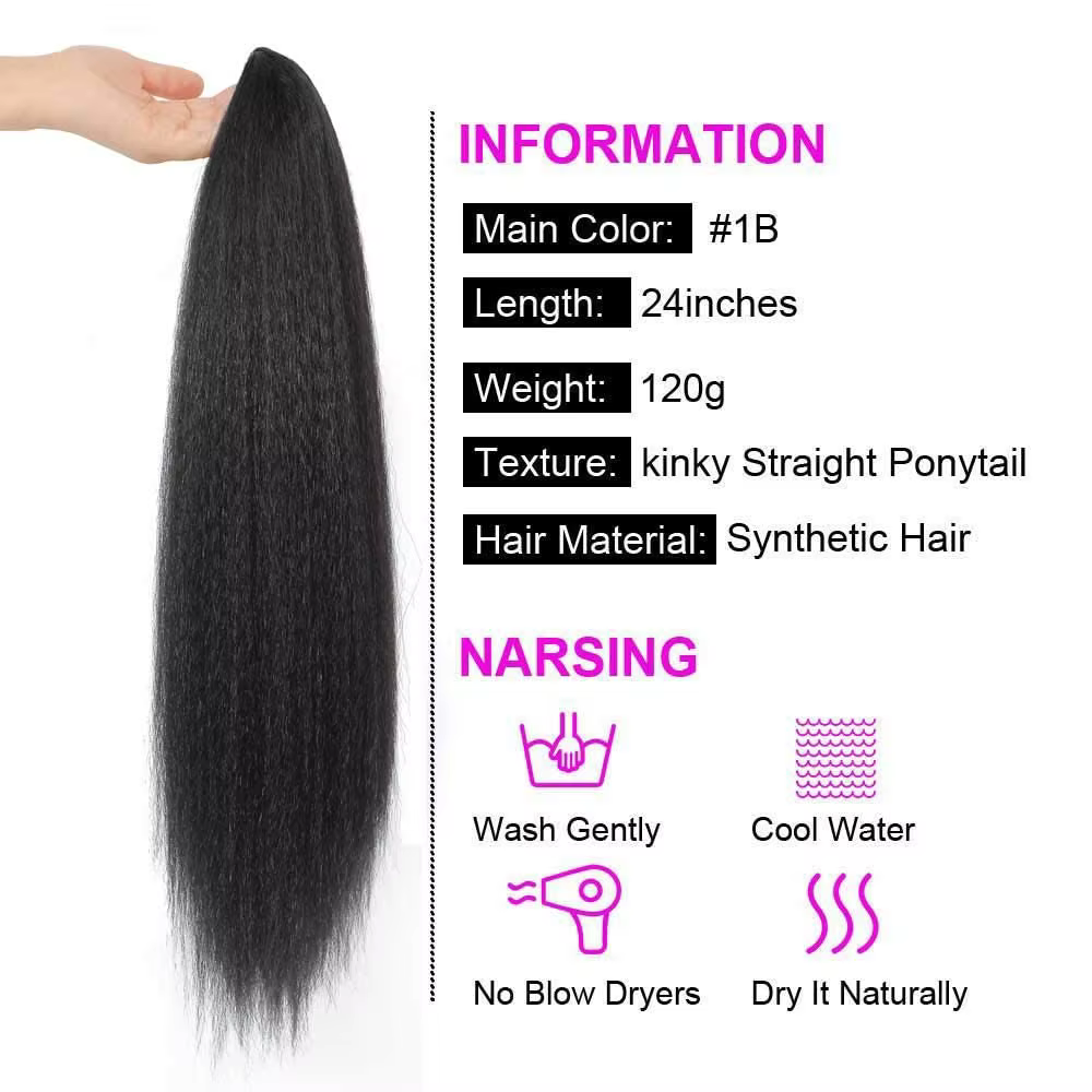 Perruque synthétique Haipiece Yaki, Extension queue de cheval avec frange, longue et lisse, pour fem