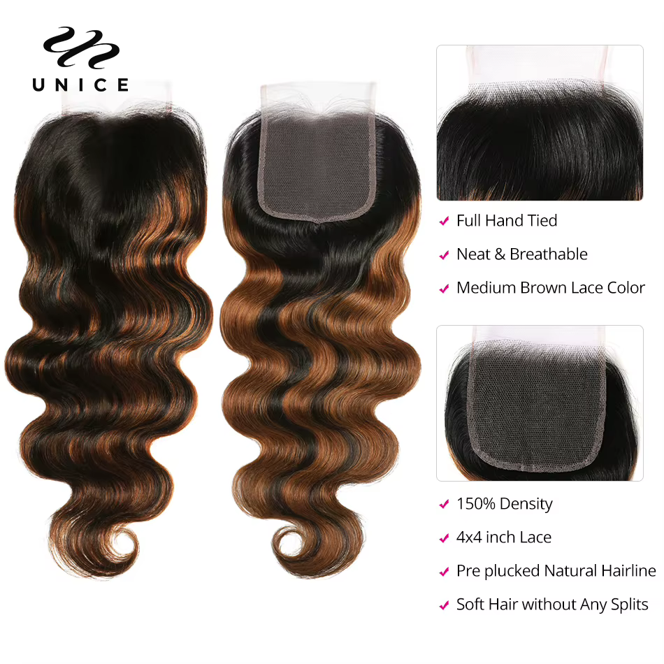 UNICE-Bundles de cheveux humains Body Wave, Balayage, Fermeture à lacet 4x4, Highlight, Faites une p