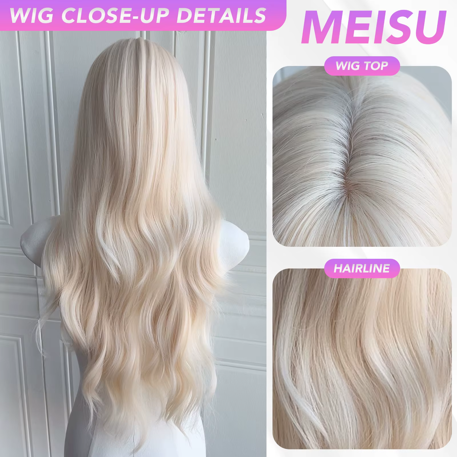 MEISU 26 pouces synthétique vague bouclée à l'eau perruques Air frange cheveux PLATINUM résistant à