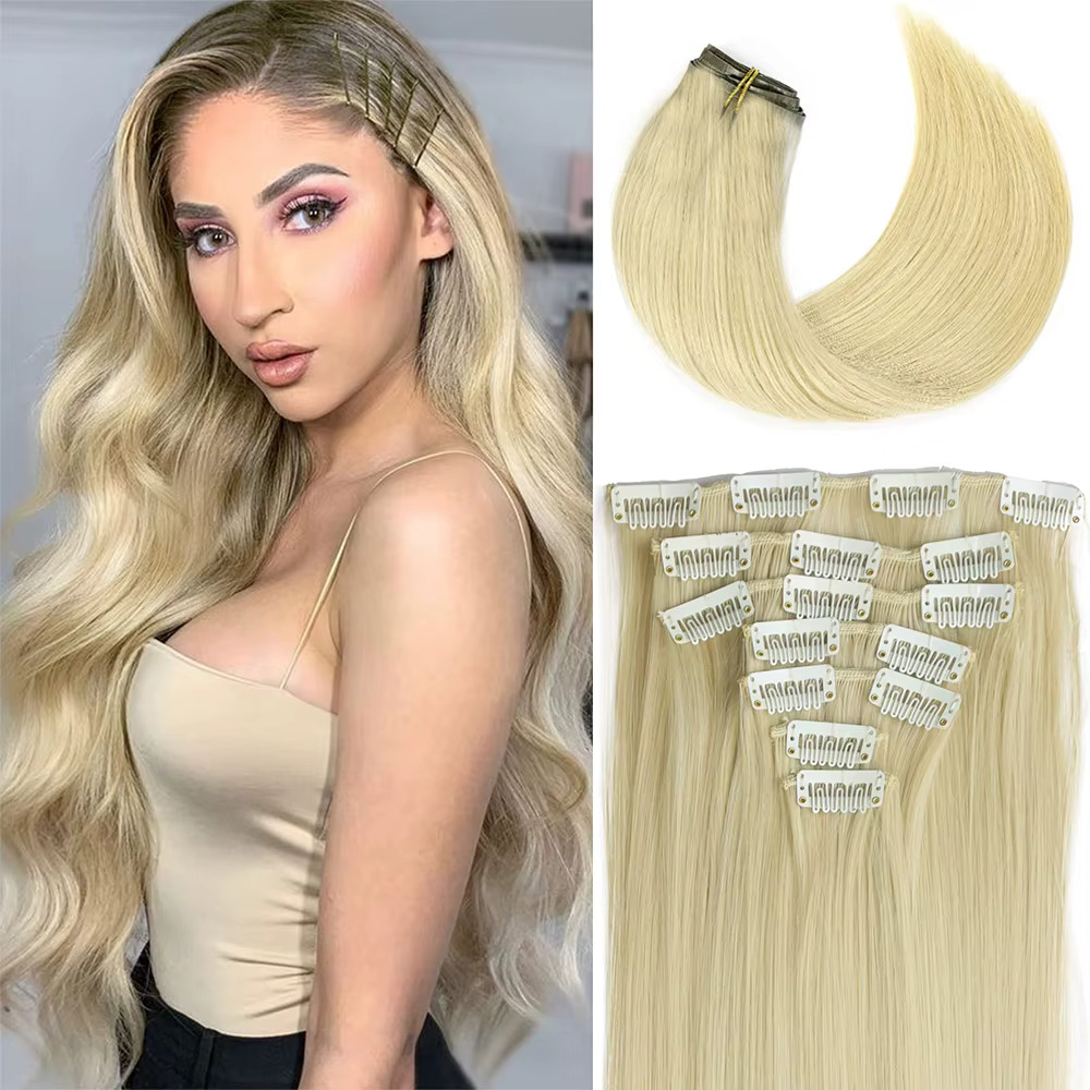 Extension synthétique 24 pouces, 16 Clips, cheveux blonds naturels longs ondulés, postiche en Fiber 