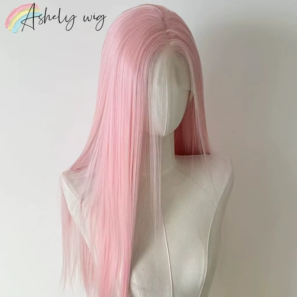 Perruque Lace Front Wig synthétique rose clair 13x4, perruque de 26 pouces longue et lisse, perruque