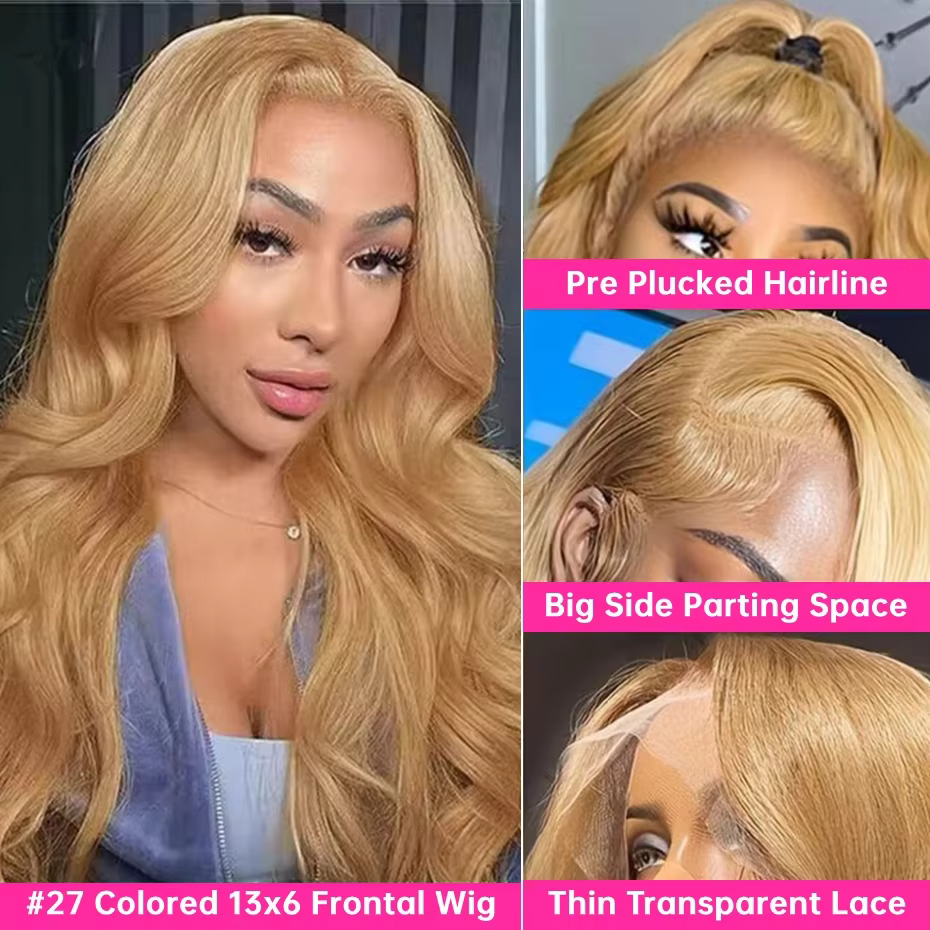 Perruque frontale en dentelle transparente HD 13x6 blonde miel # 27 perruques de cheveux humains de 