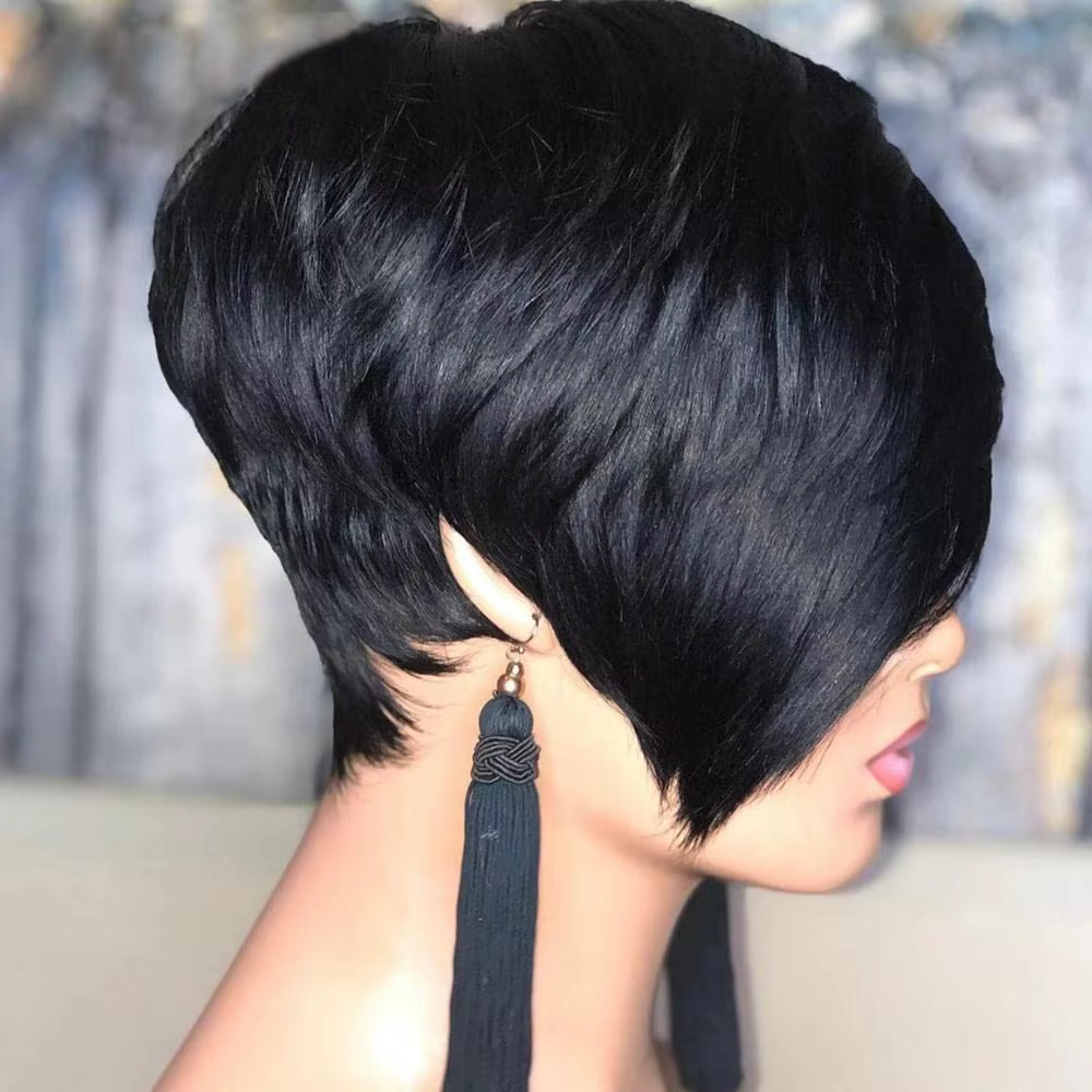 Perruque coupe lutin pour femmes noires - Perruque synthétique courte en couches avec couleur noire