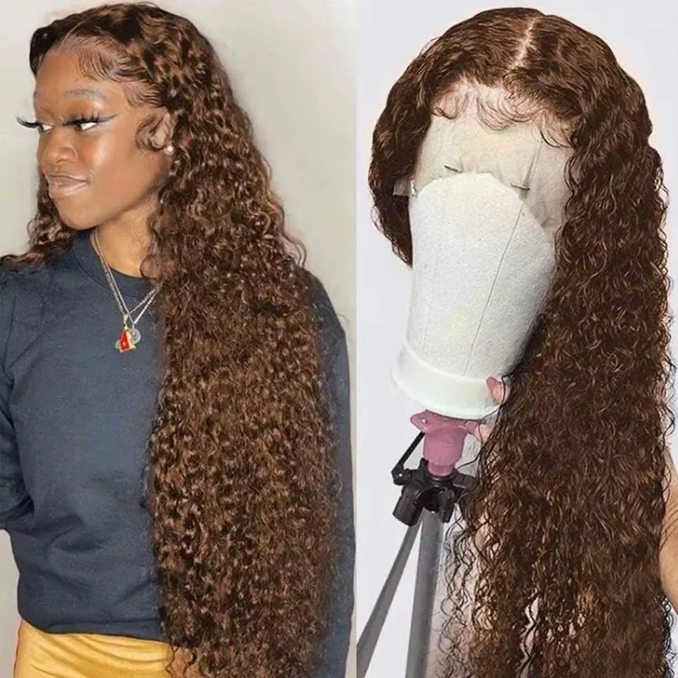 Perruque Deep Wave Lace Front Wig Remy naturelle, cheveux bouclés, brun chocolat, 13x6 HD, 13x4, 180