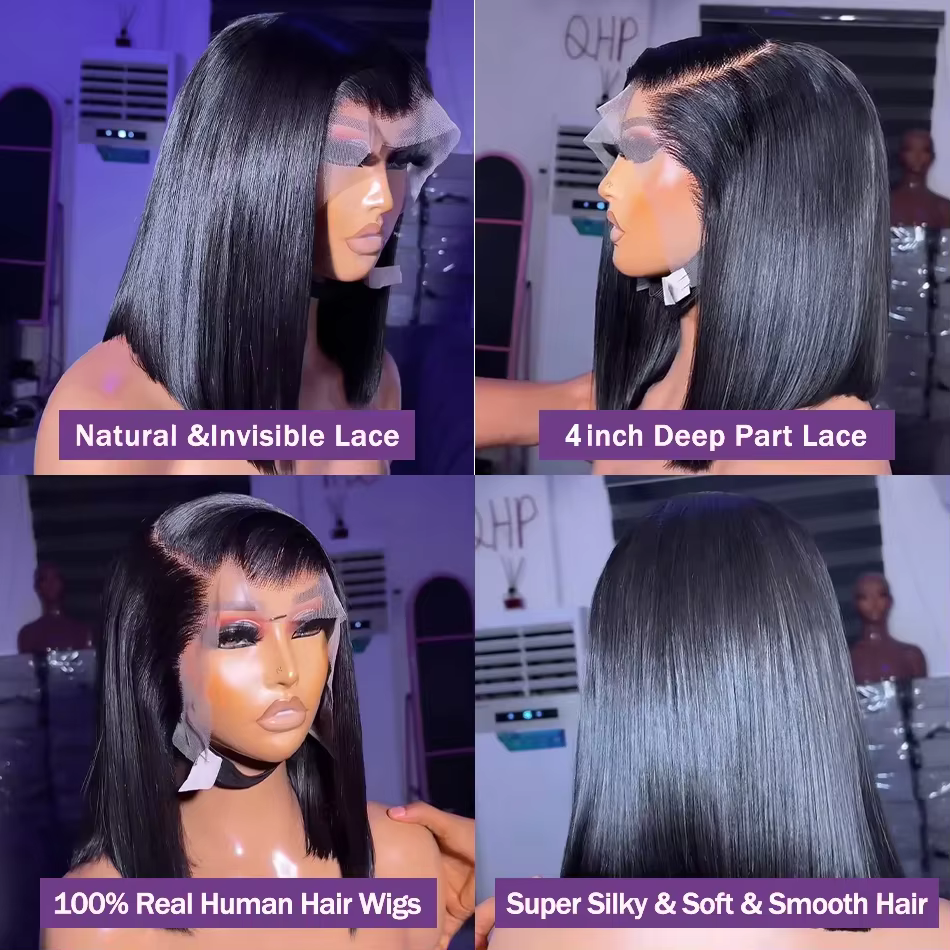 Perruques Courtes Bob en Cheveux Humains Vietnamiens 100% Naturels, Perruque Frontale en Dentelle HD
