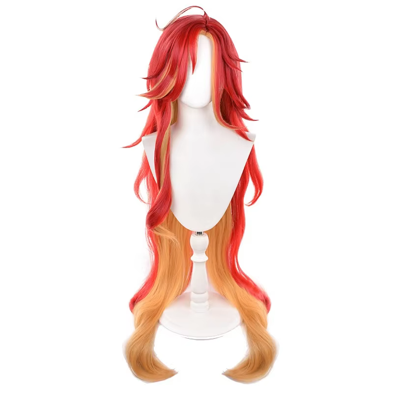 Pyro Archon Mavuika Cosplay perruque 100 cm longue vague bouclée rouge jaune mixte perruque Cosplay