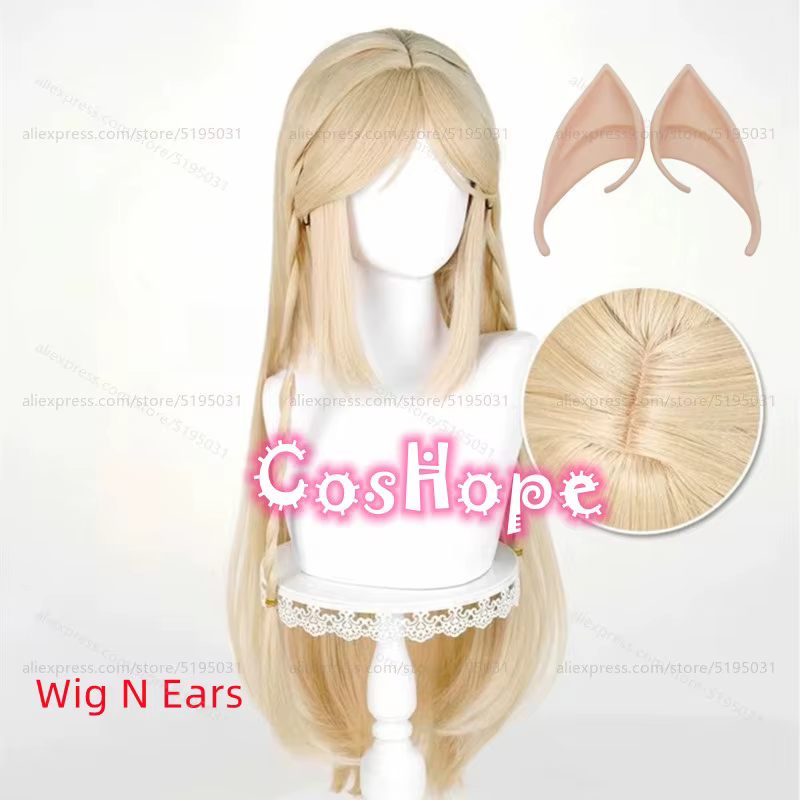 Cartethyia Cosplay perruque avec oreilles 90 cm de Long pré tressé lin doré perruque Cosplay Anime C