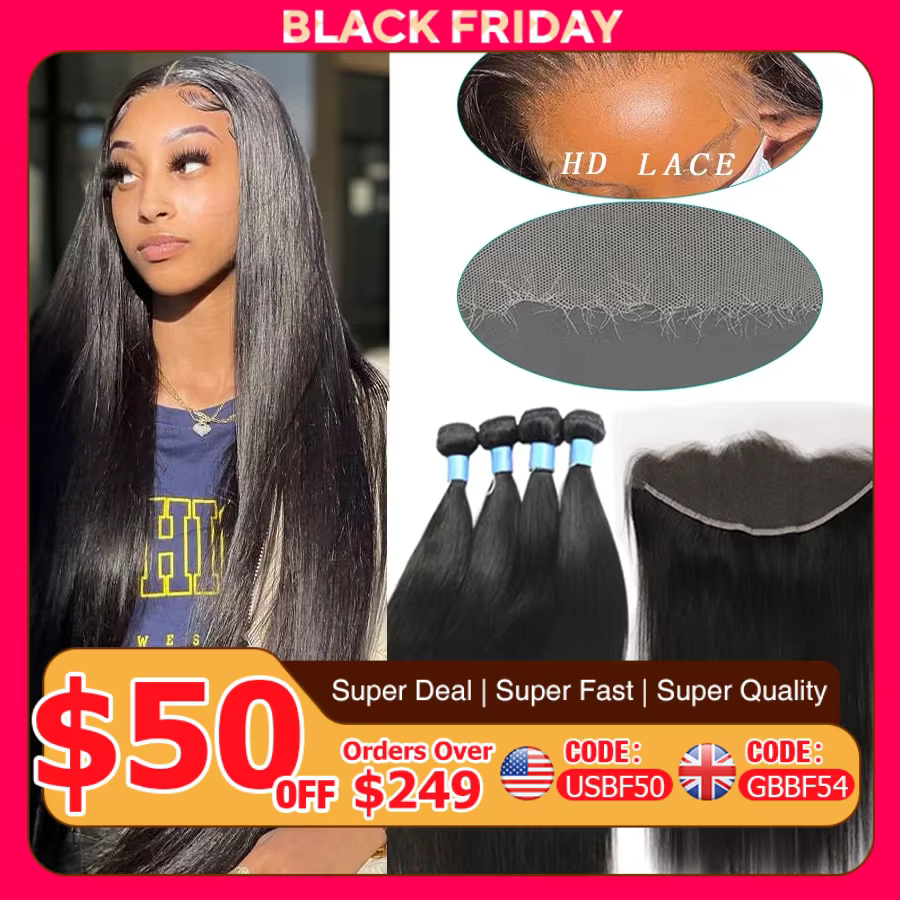 Bundles de cheveux raides en os de 32 pouces avec HD Lace Frontal Melt Skins Extension de cheveux hu