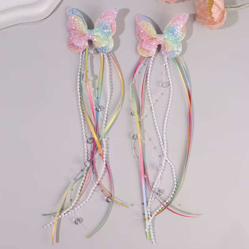 Pince à cheveux à paillettes papillon arc-en-ciel pour enfants, 2 pièces, ruban de perles, pince à c