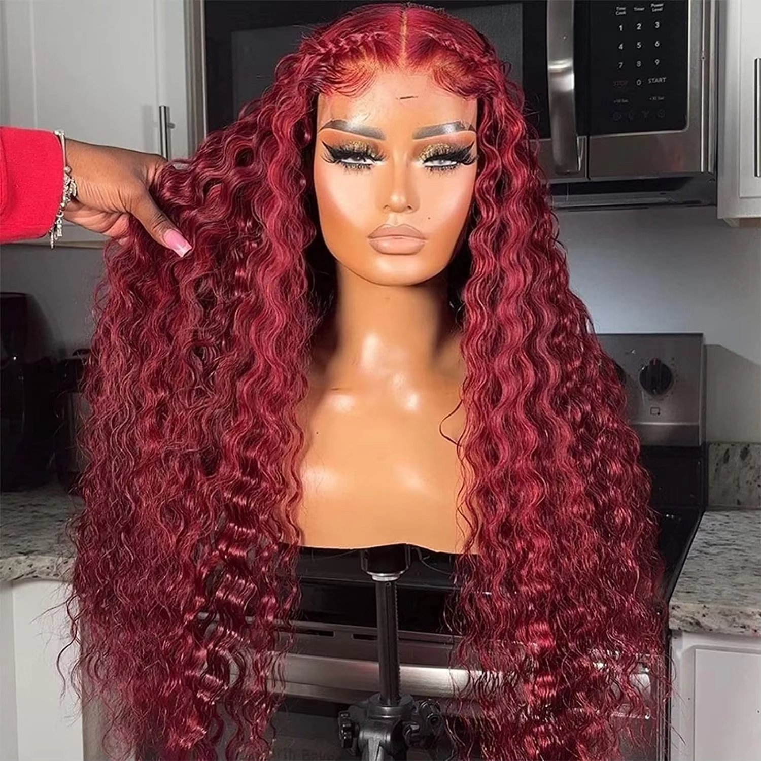 Perruque Lace Frontal Wig naturelle bordeaux 99j, 13x6, Deep Wave, pre-plucked, transparente HD, pou