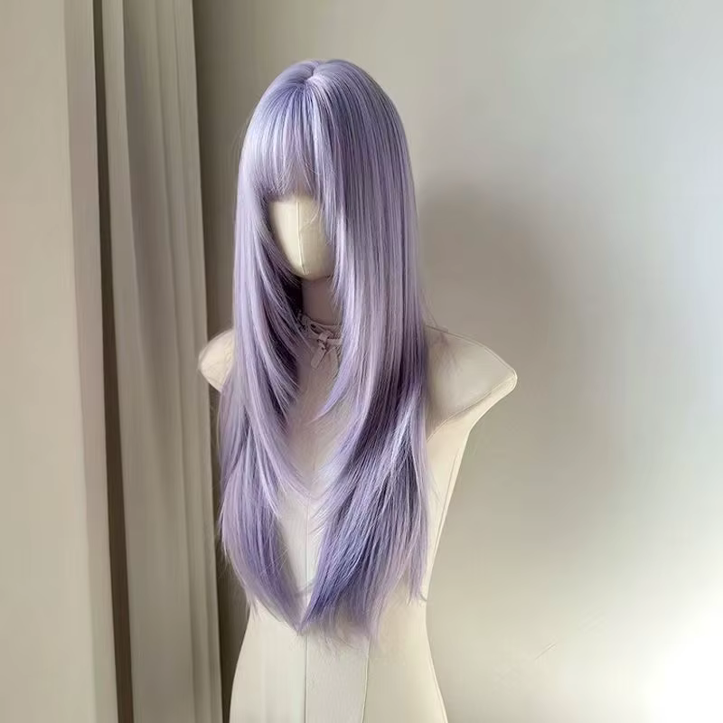 Perruque synthétique de haute qualité, style lavande, avec frange, 26 pouces, cheveux longs et raide