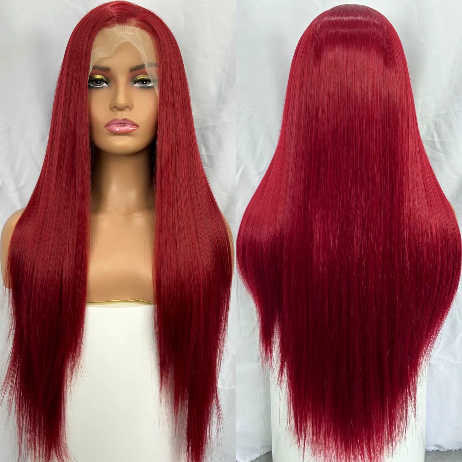 Perruque Lace Front Wig synthétique bordeaux 99J, partie libre, sans colle, longue et lisse, rouge f