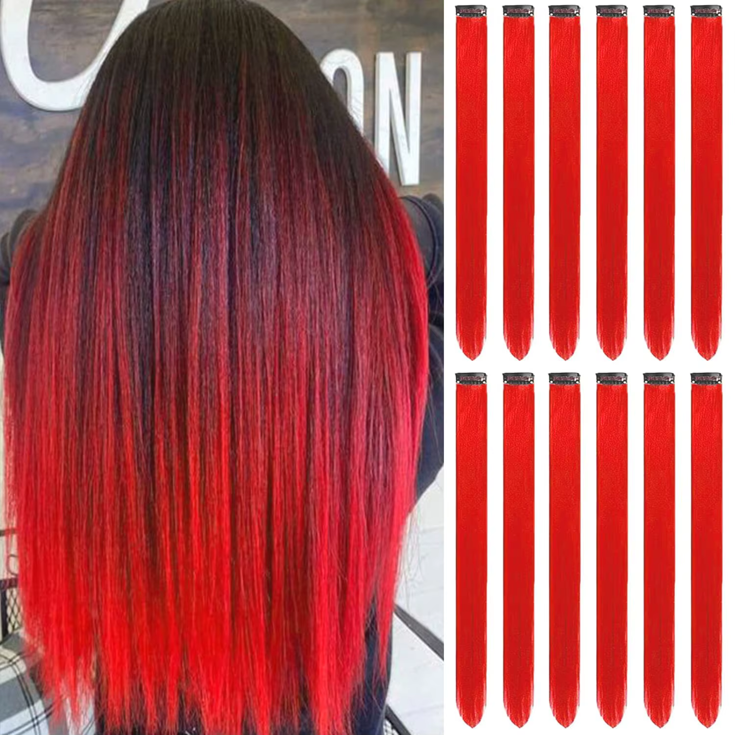 Extensions de cheveux rouges à clipser, Extension de reflets de fête colorés pour enfants filles pos