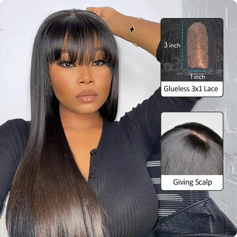 Perruque sans colle avec frange, cheveux humains, dentelle HD 3x1, perruques lisses en cheveux humai