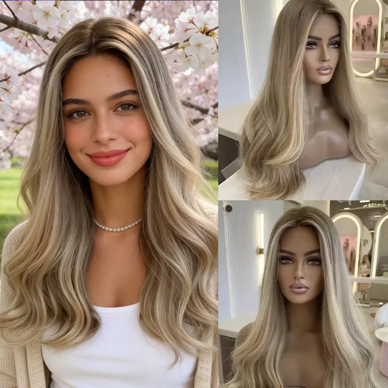 Perruque Lace Ombre Blond Cendré, Douce comme des Cheveux Humains, Perruques Longues Ondulées Pré-Pl
