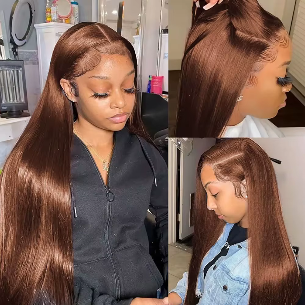# Perruque brune chocolat 4 tons en cheveux humains, frontale en dentelle HD 13x6, densité 200, liss