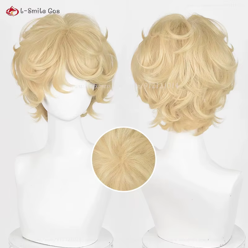 Perruque de cosplay Vanila Vanilla, 30 cm, jaune doré, courte et bouclée, pour cosplay d'anime, chev