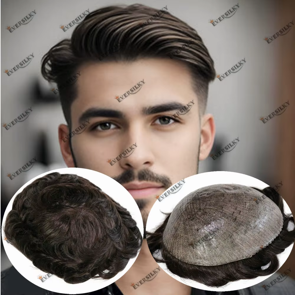 0.1mm Injection peau toupet cheveux masculins 130% densité Durable pleine peau PU toupet pour hommes