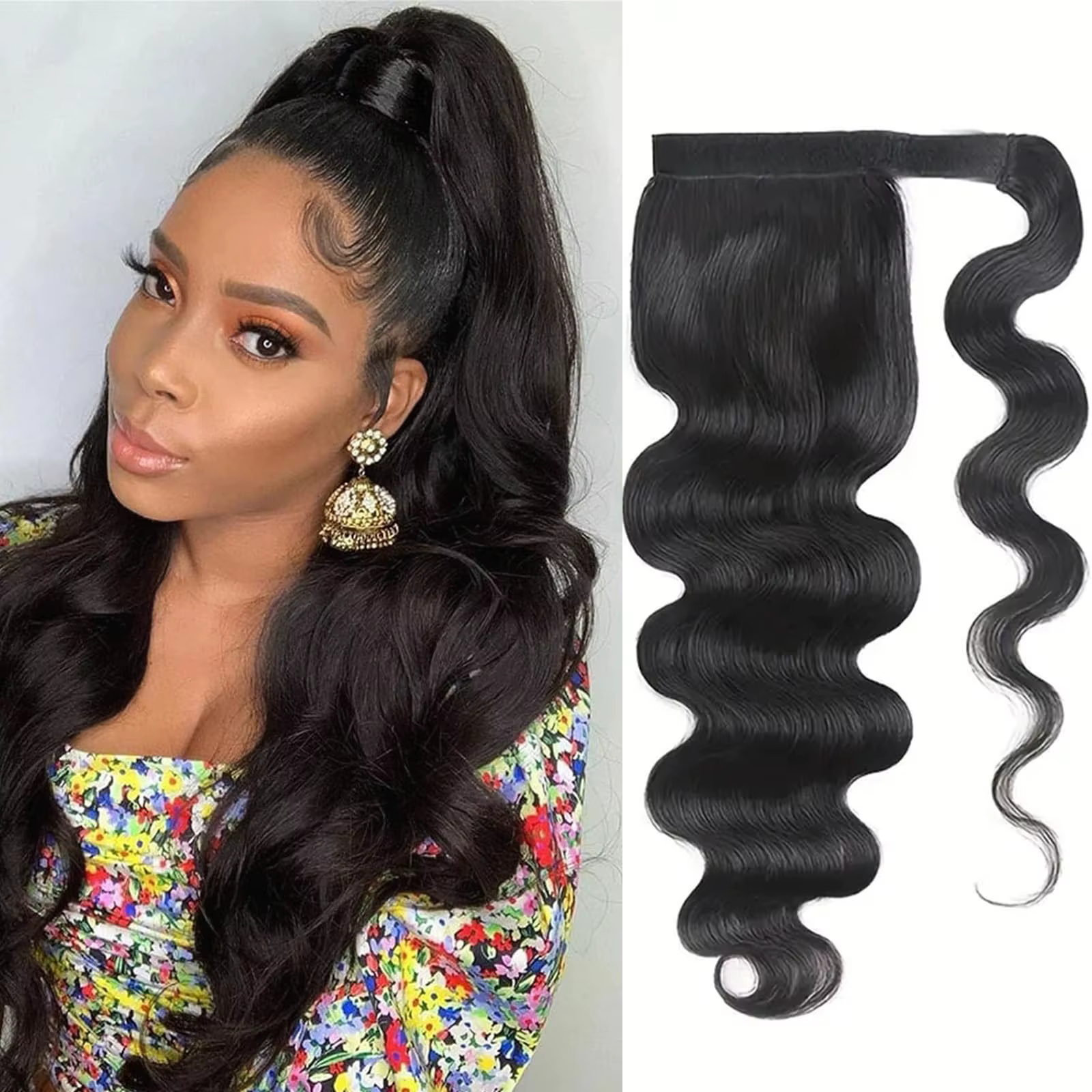 Queue de cheval cheveux humains longs raides envelopper autour des Extensions de cheveux Remy Extens