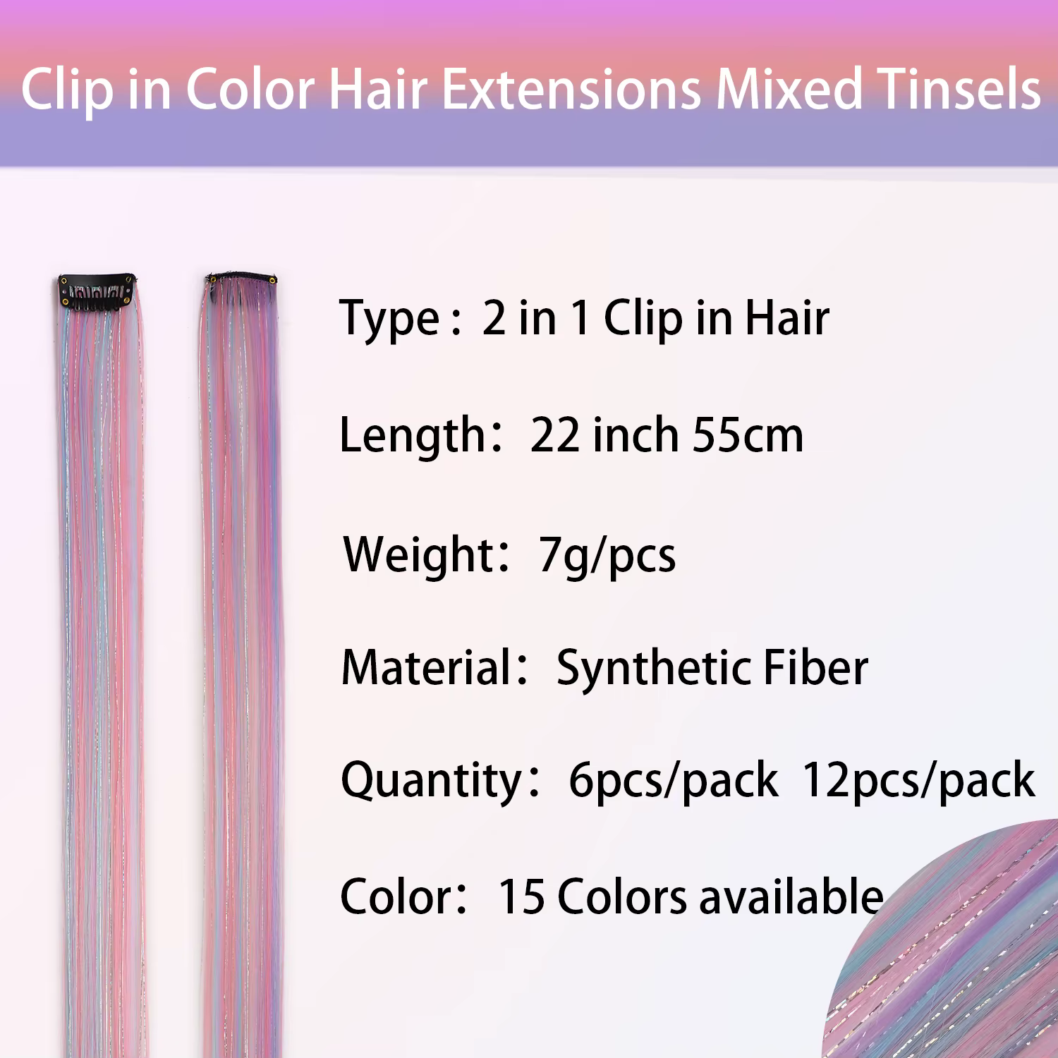 Extensions de cheveux synthétiques à clips licorne colorées, tinsels argentés mélangés, arc-en-ciel,