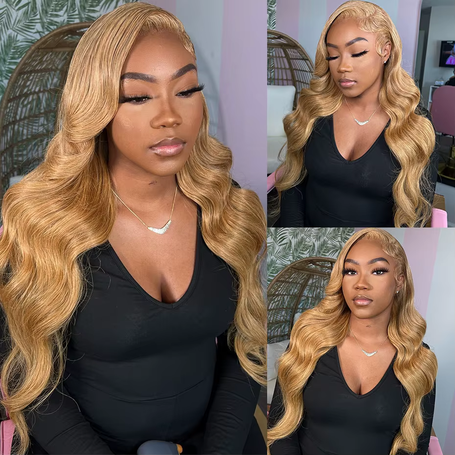 # Perruques Lace Front en Cheveux Humains Couleur Blond Miel 27, Pré-épilées, Perruque Frontale HD T