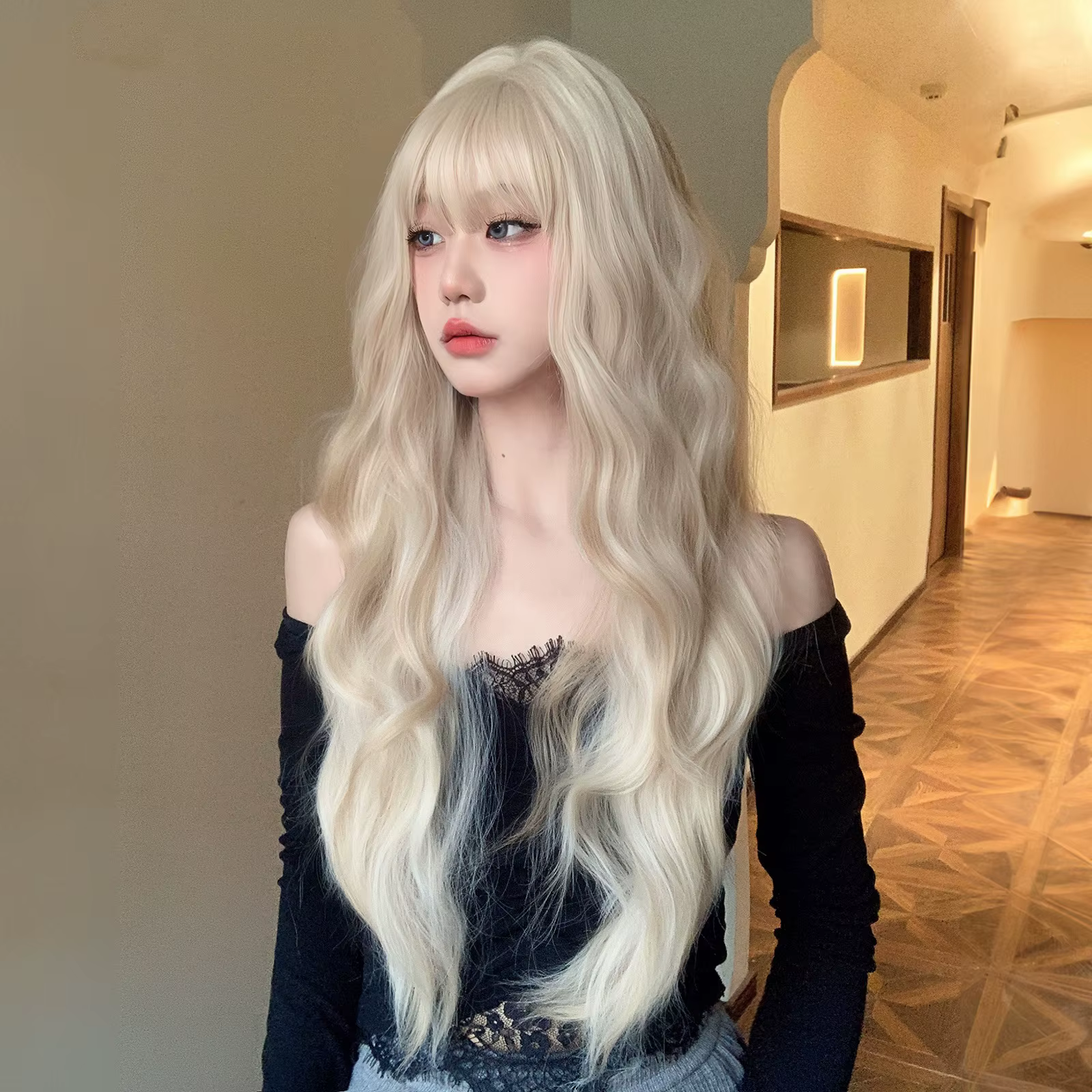 Perruque synthétique longue ondulée Blonde platine 613, avec frange, bouclée, mixte dorée, pour femm