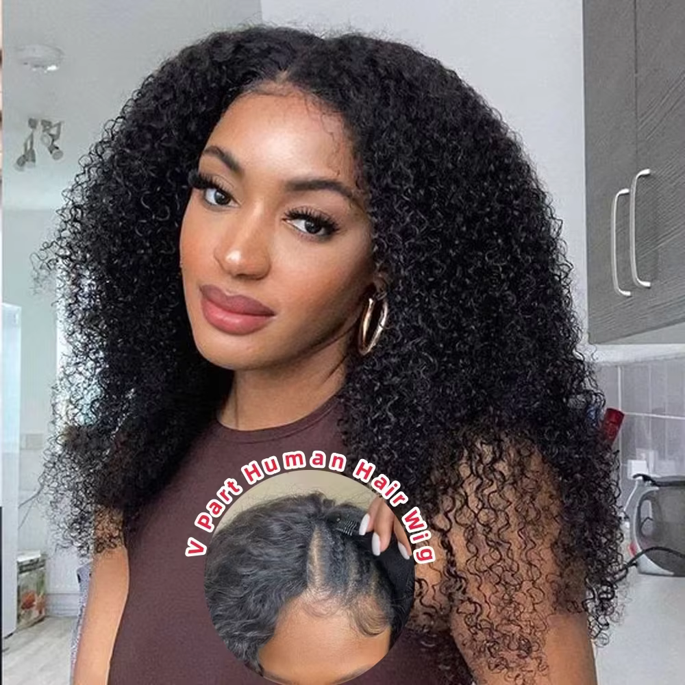 300% crépus bouclés V partie perruques cheveux humains pas de laisser de sortie mise à niveau vague