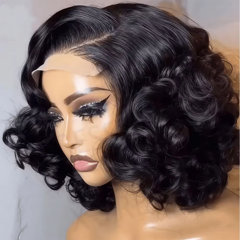 Perruque courte bouclée en dentelle 4x4 HD, cheveux malaisiens, style bob, ondulations océaniques, 1