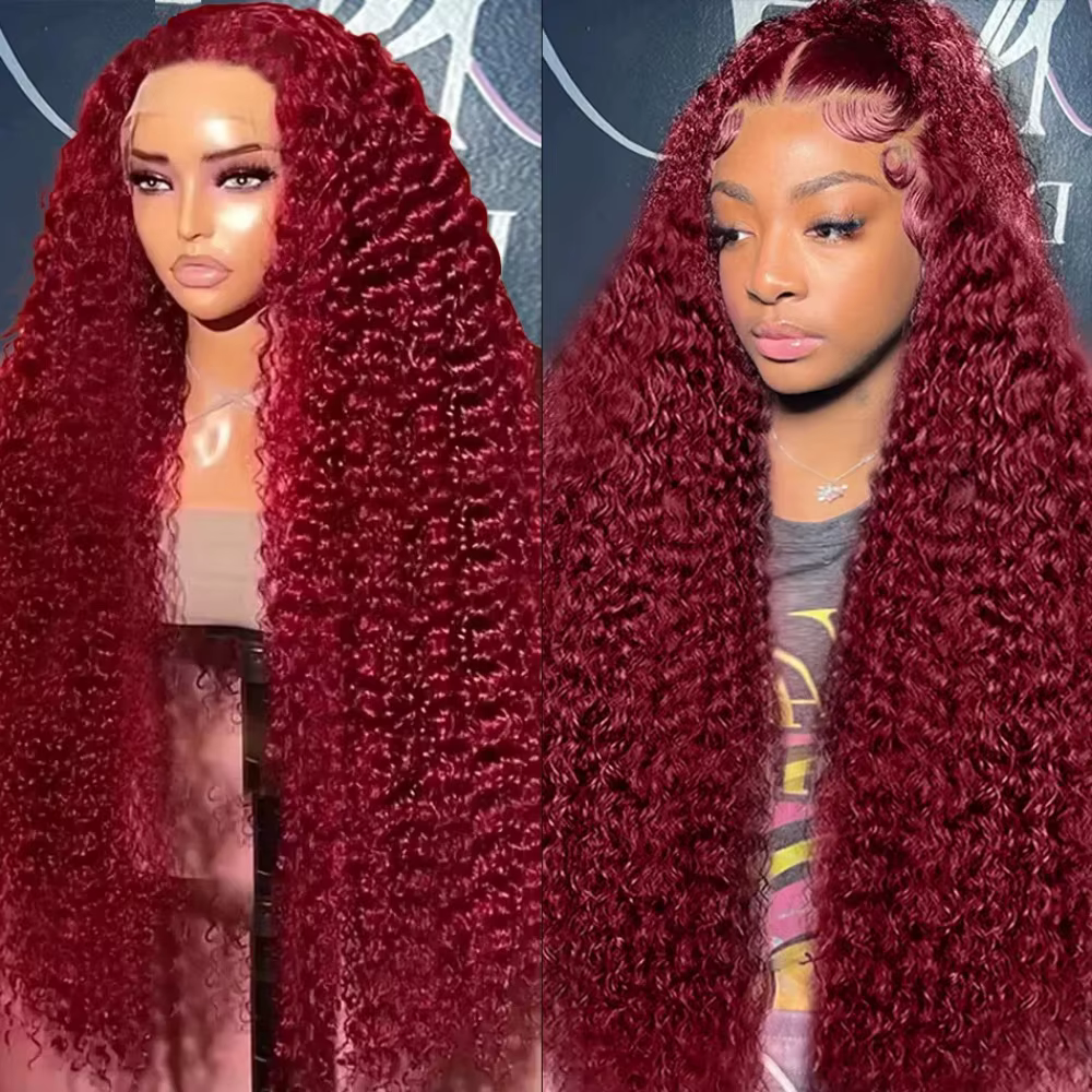 Perruque Lace Wig Naturelle Ondulée, Cheveux Humains, Couleur Bordeaux 99J, 13x4, 13x6, Pre-Plucked,