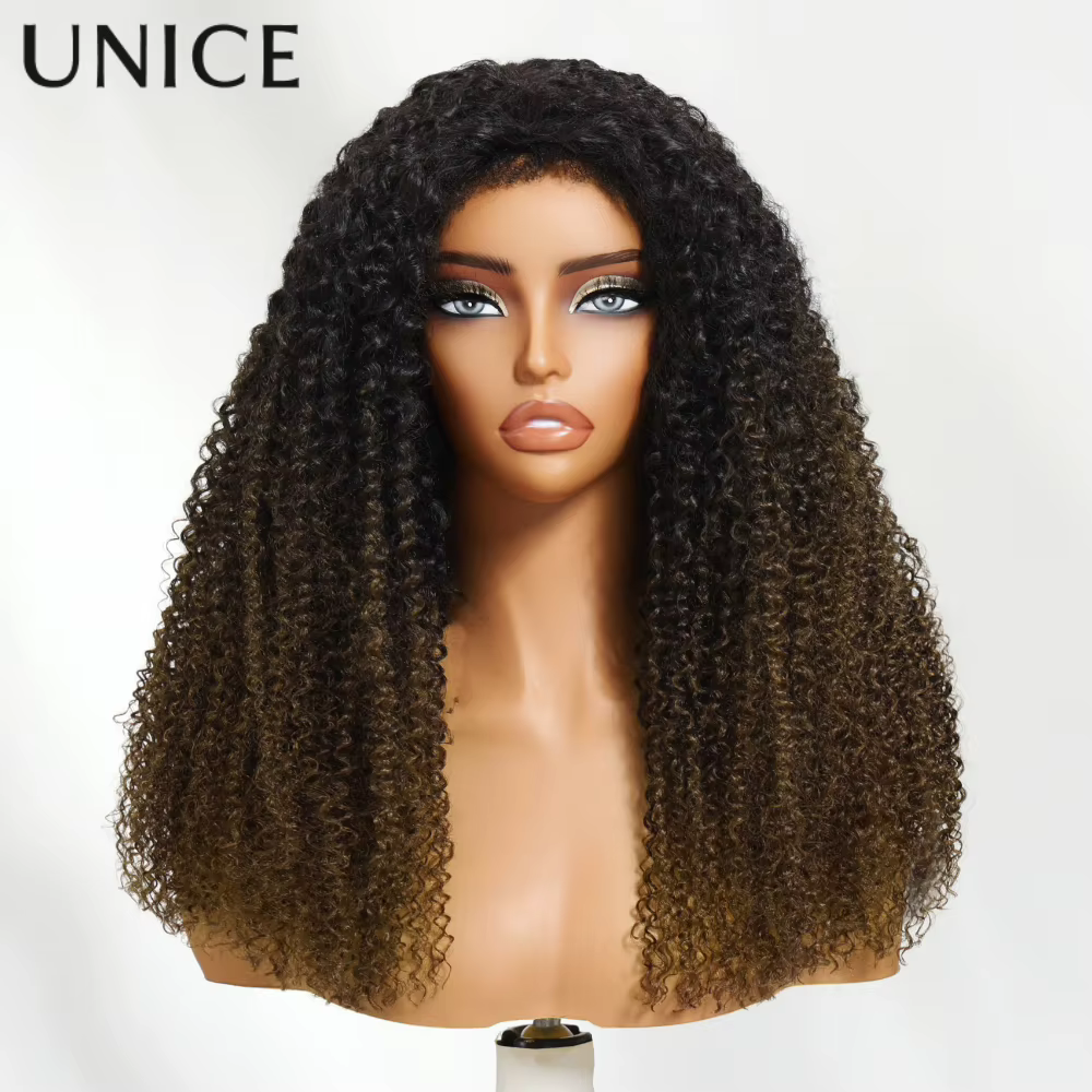 UNice cheveux châtain brun ombré crépus bouclés demi perruques avec bords 4C et cordon invisible 100