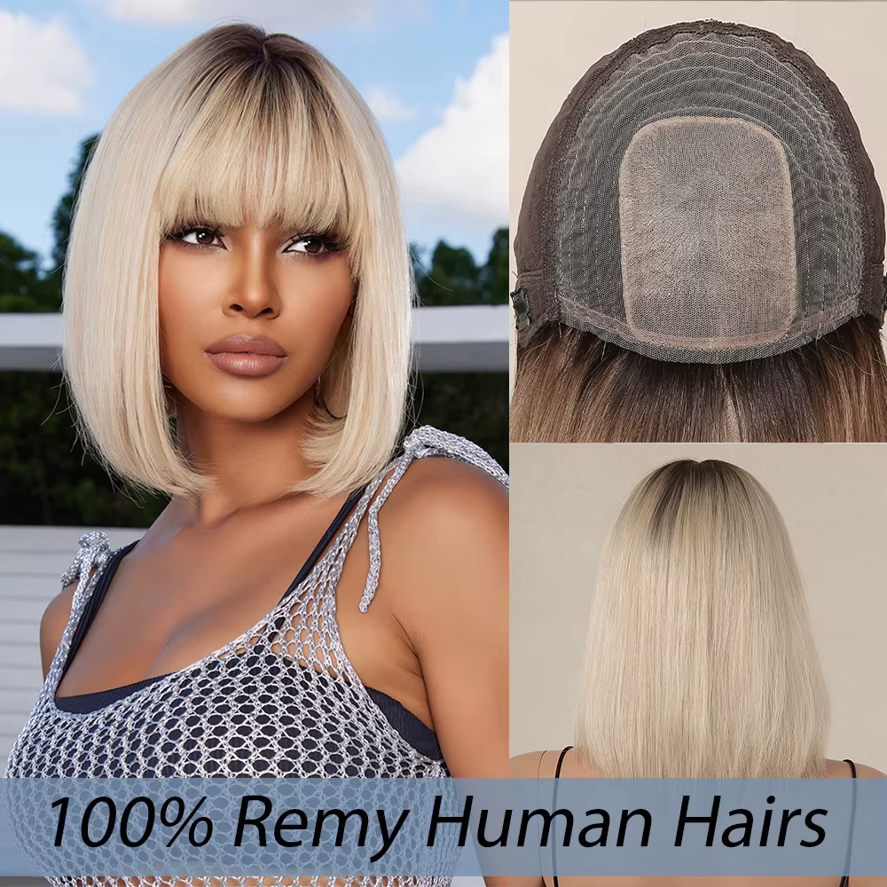 Bob Platinum Blonde Remy Human Hairs for Black Women, Natural Straight Short Wigs with Bangs, Heat D