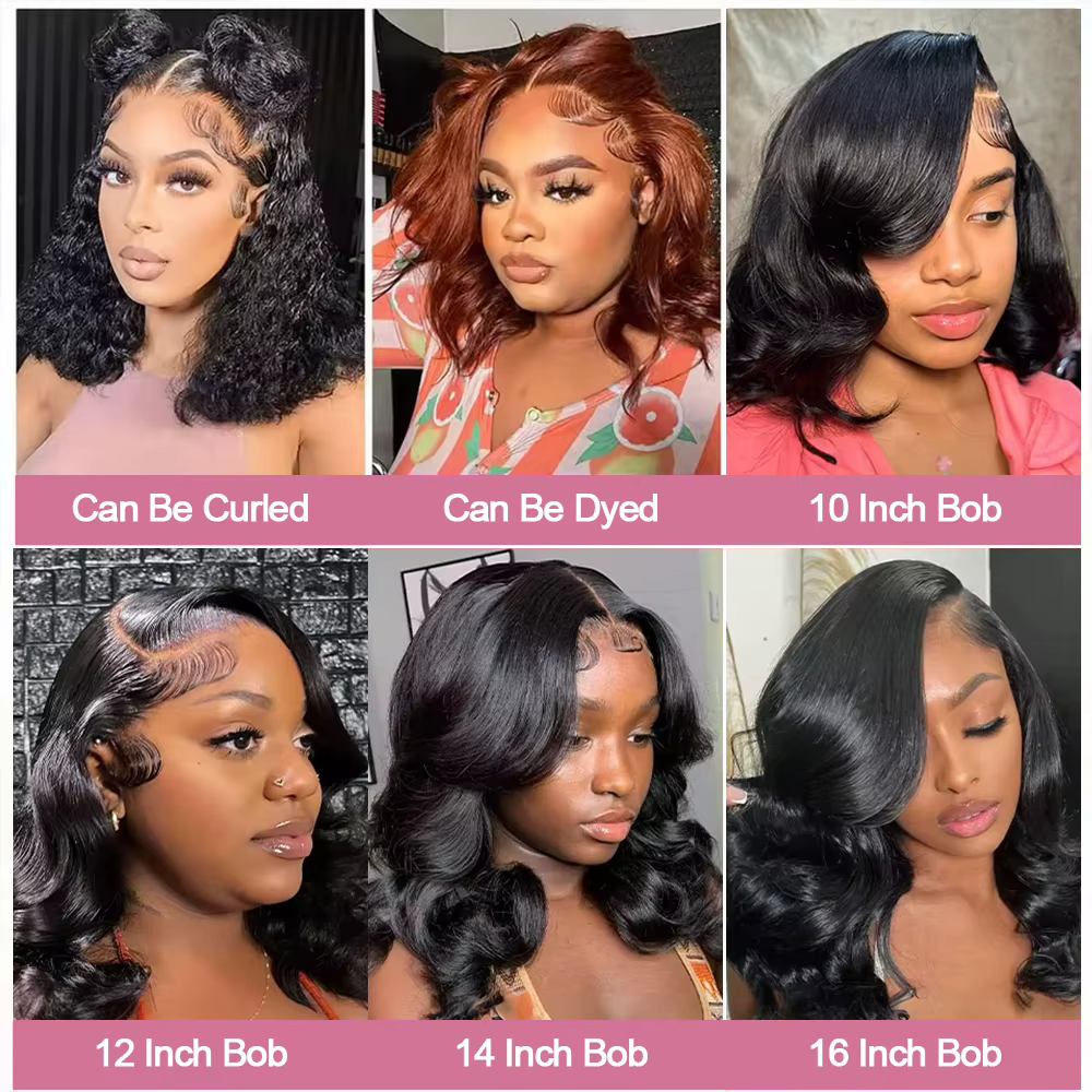 Perruque courte bob ondulée 13x4, 250% de densité, cheveux humains brésiliens 100%, sans colle, pré-
