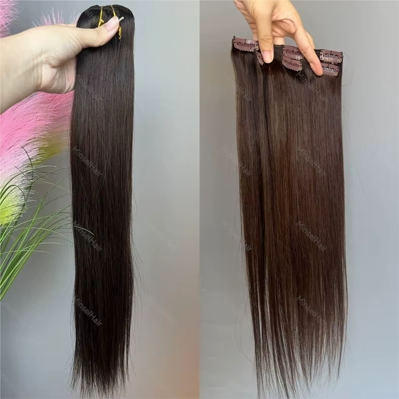 Extensions de cheveux naturels Remy à clipser, ombré brun, postiche durable, soyeux, épais et sans f