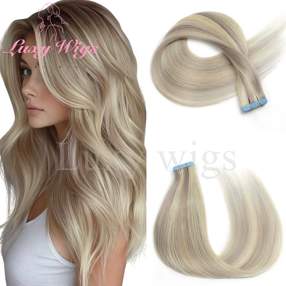 Mèches Blonde bande dans les Extensions de cheveux cheveux humains droite noir blond sans couture PU
