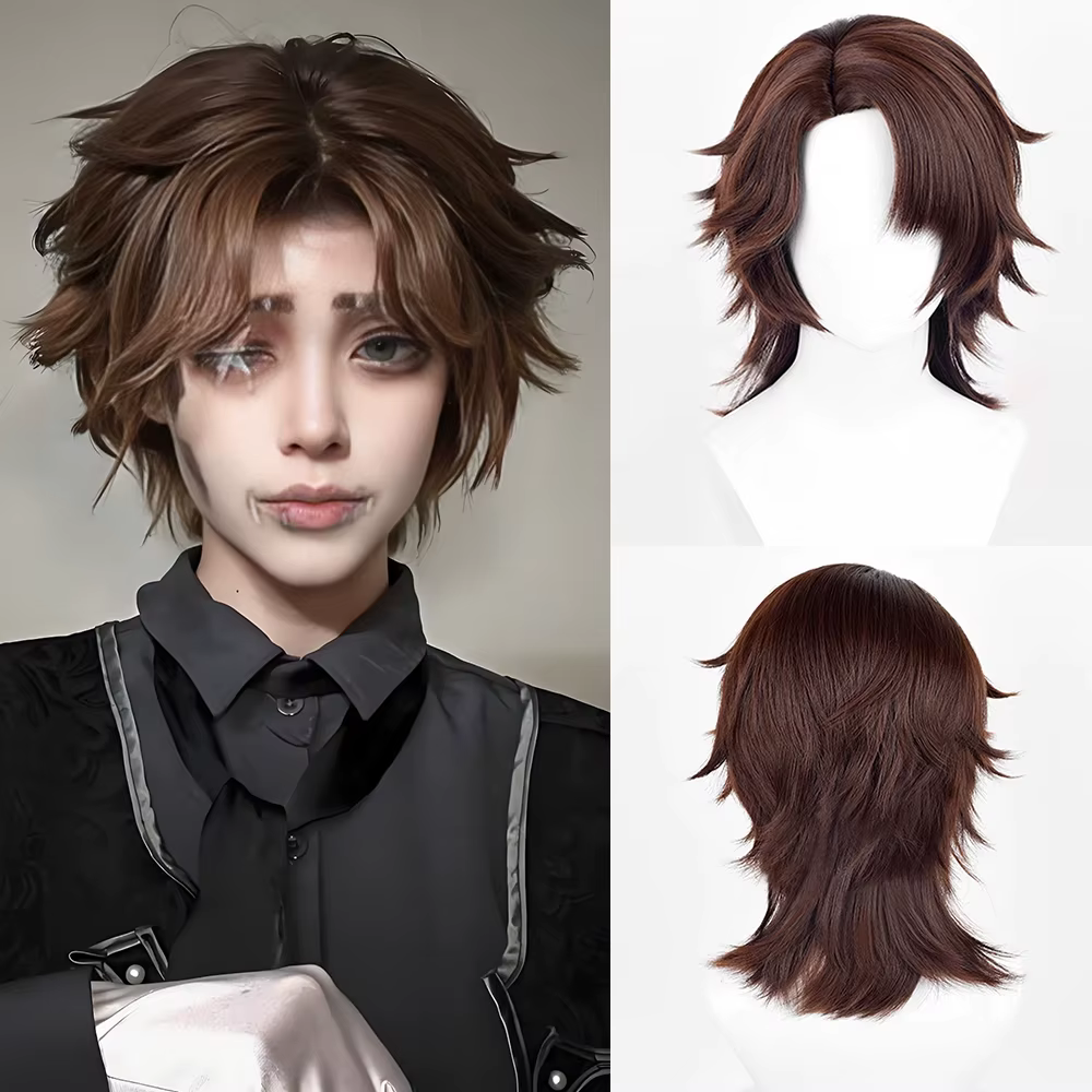 Perruque de Cosplay marron pour hommes, perruque synthétique courte et lisse avec raie centrale, rés