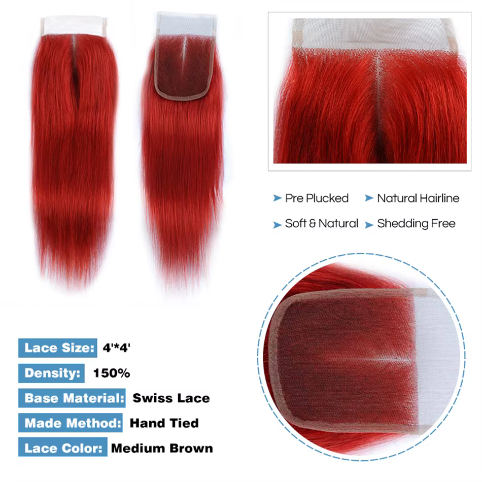Paquets droits rouges avec fermeture 4*4 avec des cheveux de bébé dentelle transparente tissage de c