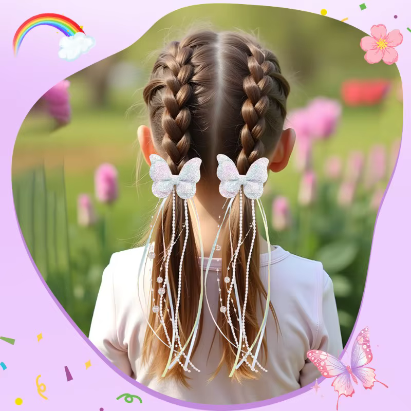 Pince à cheveux à paillettes papillon arc-en-ciel pour enfants, 2 pièces, ruban de perles, pince à c