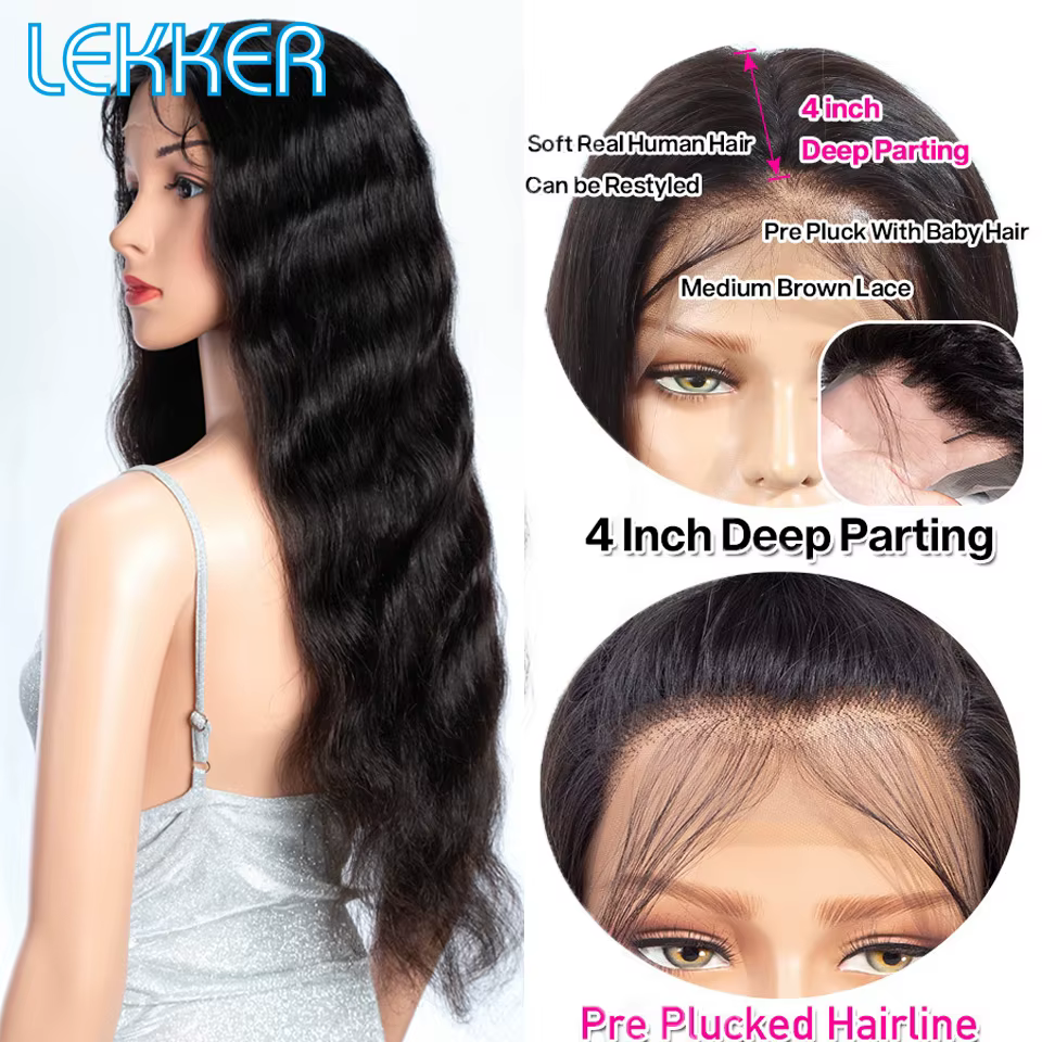Lekker noir Long ondulé 13x1 T partie dentelle avant 100% perruques de cheveux humains pour les femm