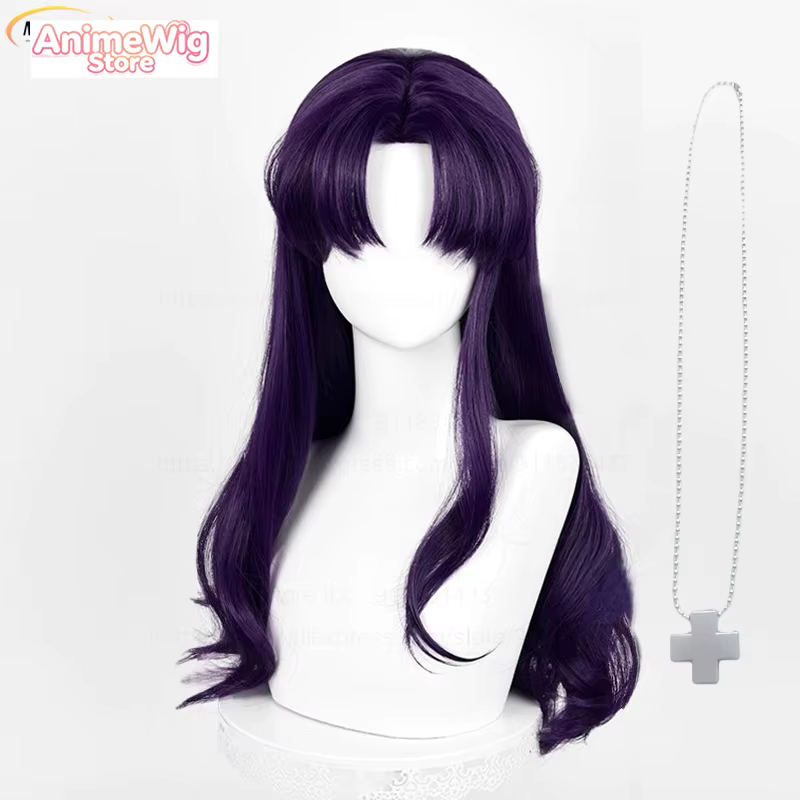 Perruque de cosplay Katsuragi Misato, violet foncé, 55 cm de long, ondulée, résistante à la chaleur,
